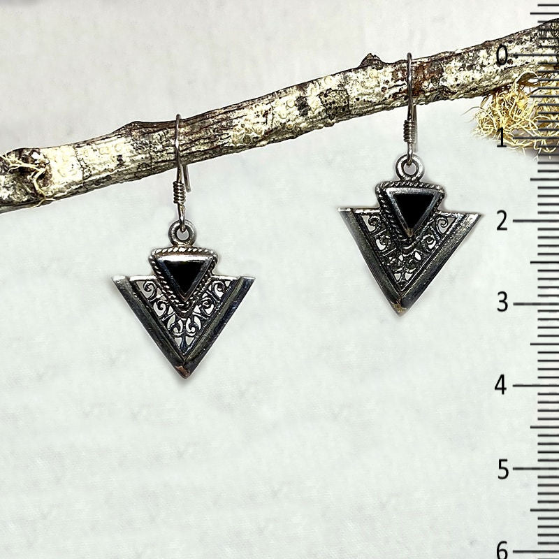 Triangle Black Onyx Ornate Sterling Silver Earrings