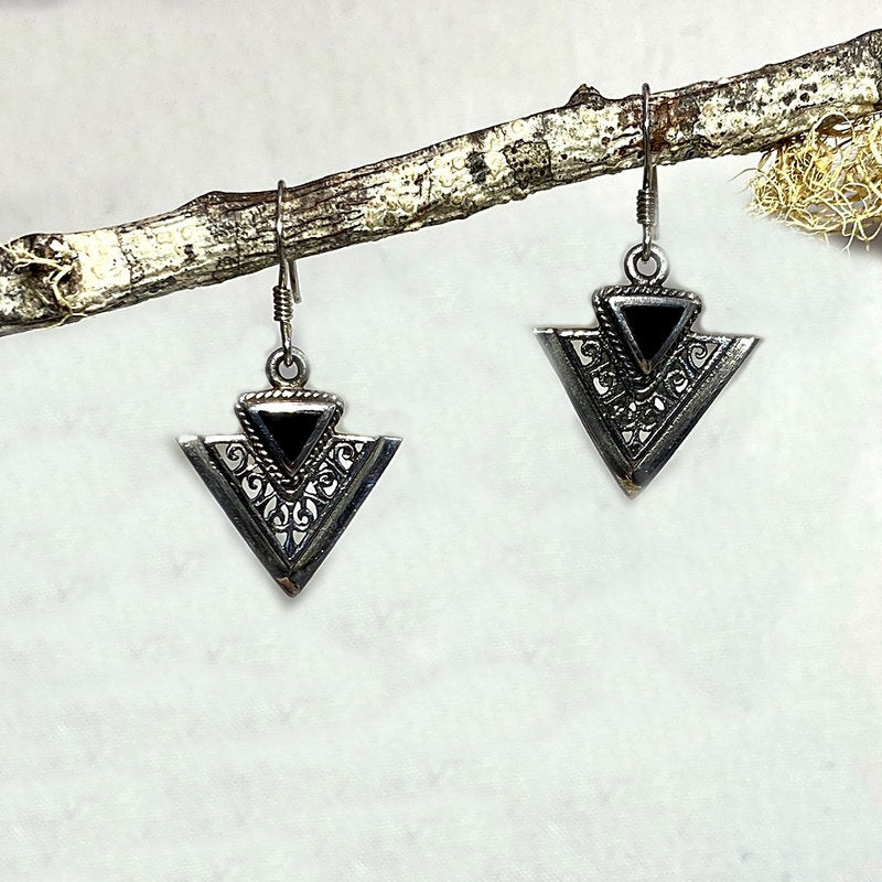 Triangle Black Onyx Ornate Sterling Silver Earrings