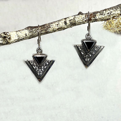 Triangle Black Onyx Ornate Sterling Silver Earrings