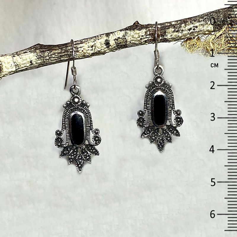 Oval Black Onyx Ornate Sterling Silver Earrings