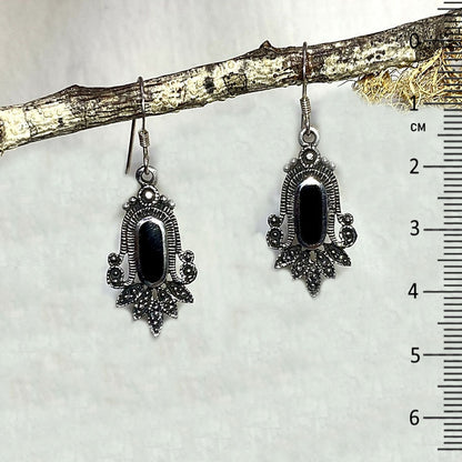 Oval Black Onyx Ornate Sterling Silver Earrings