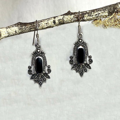 Oval Black Onyx Ornate Sterling Silver Earrings
