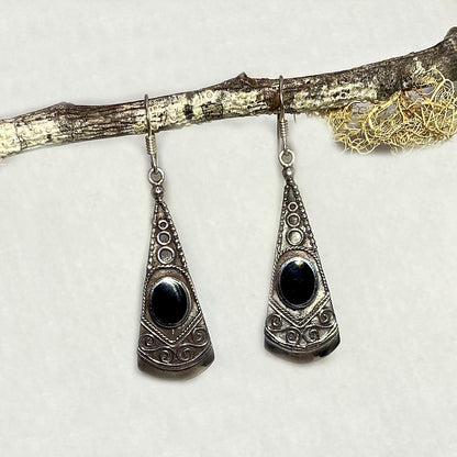 Oval Black Onyx Ornate Sterling Silver Earrings