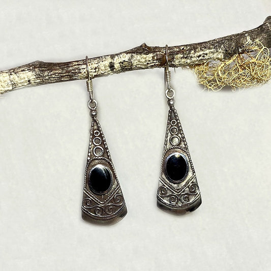 Oval Black Onyx Ornate Sterling Silver Earrings