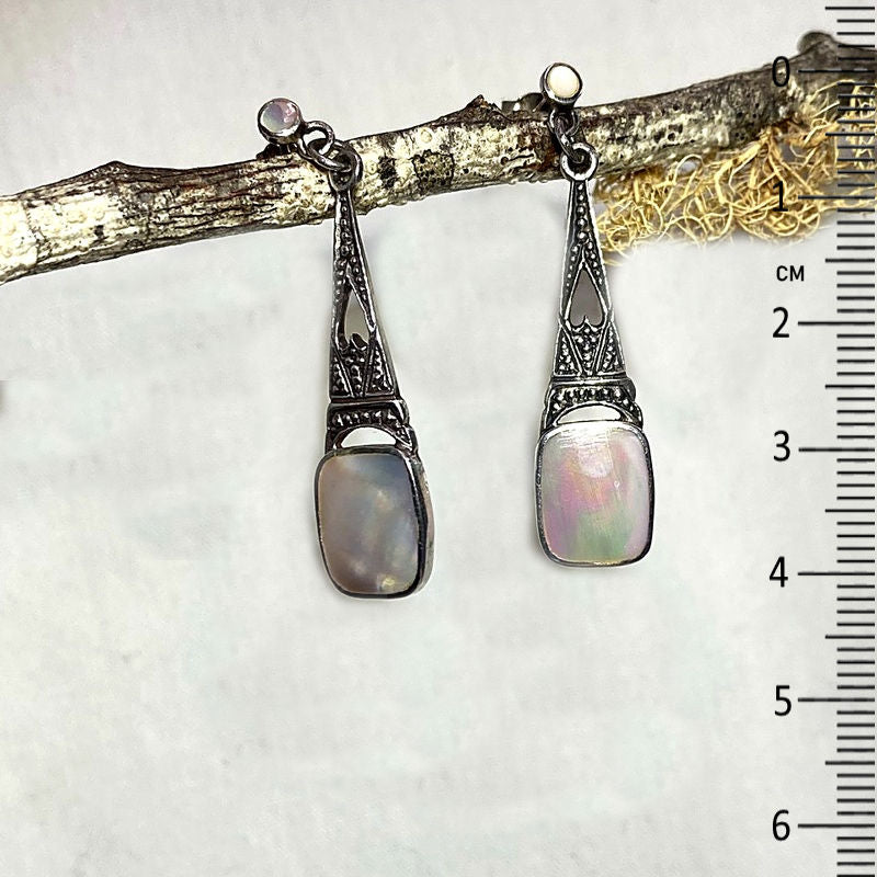 Rectangle Mother Of Pearl Ornate Sterling Silver Stud Earrings