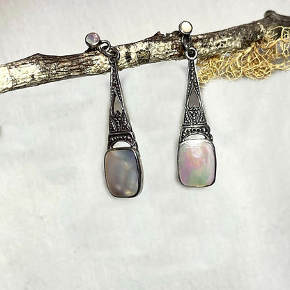 Rectangle Mother Of Pearl Ornate Sterling Silver Stud Earrings