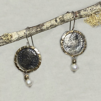 Round Pearl, Sterling Silver & Yellow Gold Earrings