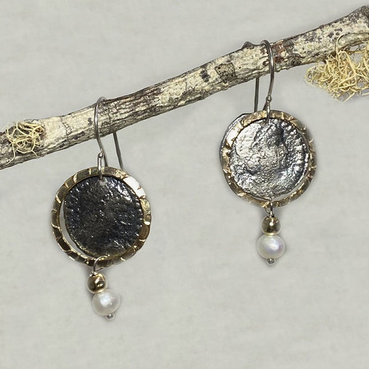 Round Pearl, Sterling Silver & Yellow Gold Earrings