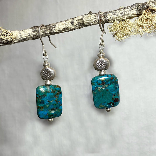 Square Turquoise & Hilltribe Silver Earrings