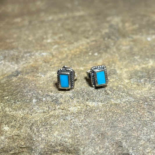 Rectangle Turquoise Ornate Sterling Silver Stud Earrings