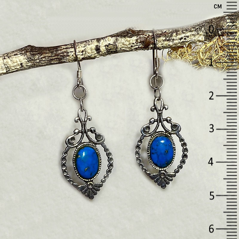 Oval Turquoise Ornate Sterling Silver Earrings