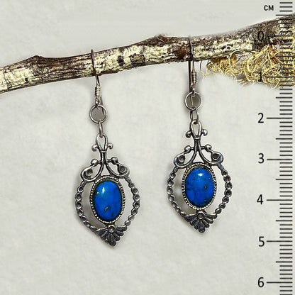 Oval Turquoise Ornate Sterling Silver Earrings