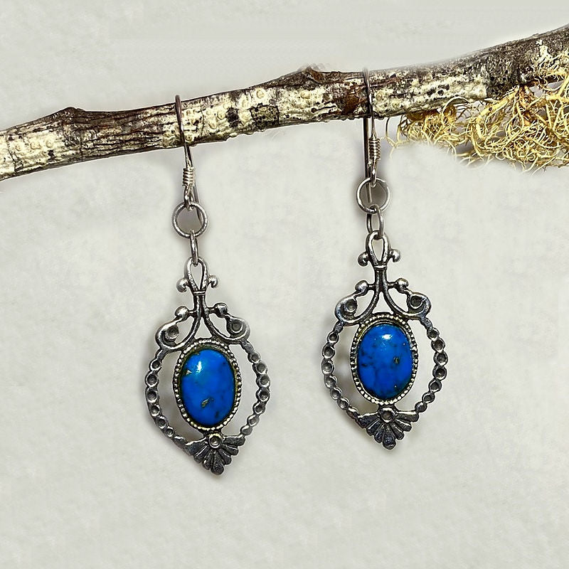 Oval Turquoise Ornate Sterling Silver Earrings