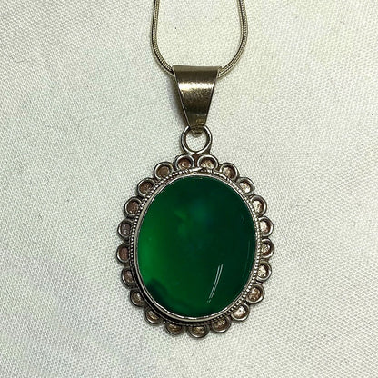 Oval Green Agate Ornate Sterling Silver Pendant