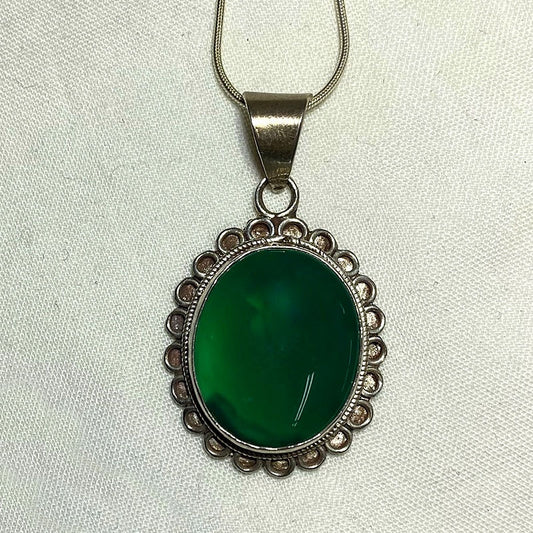 Oval Green Agate Ornate Sterling Silver Pendant