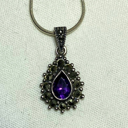 Faceted Teardrop Amethyst & Marcasite Pendant