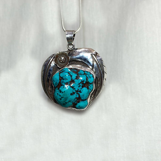 Ornate Sterling Silver Freeform Turquoise Pendant