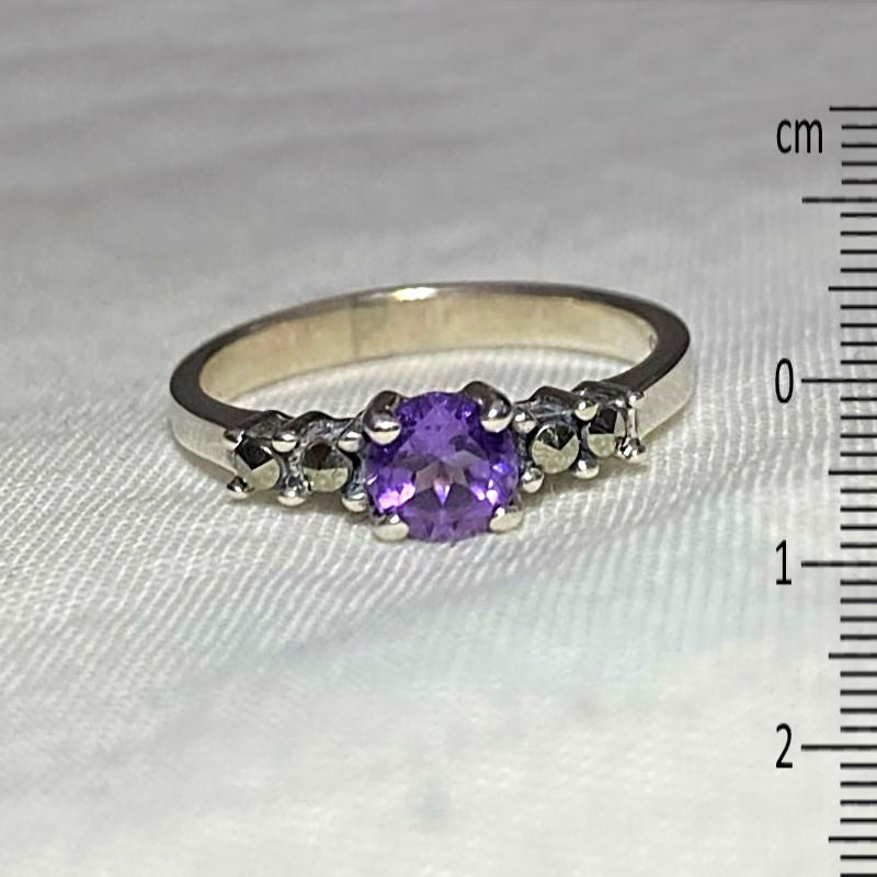 Faceted Round Amethyst & Marcasite Ring- Size 7