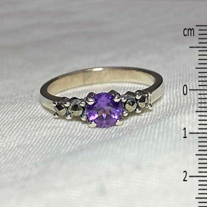 Faceted Round Amethyst & Marcasite Ring- Size 7