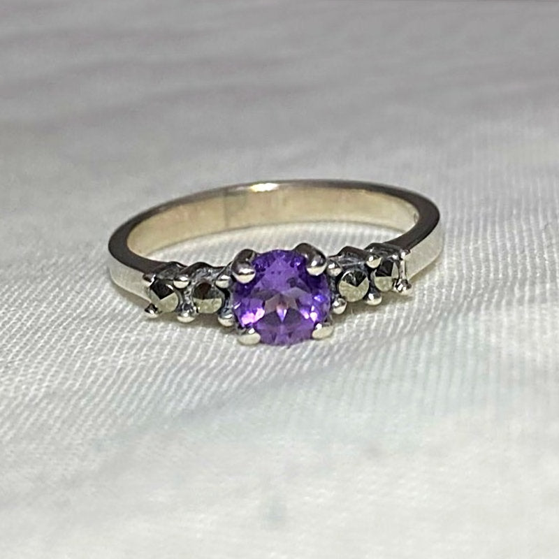 Faceted Round Amethyst & Marcasite Ring- Size 7