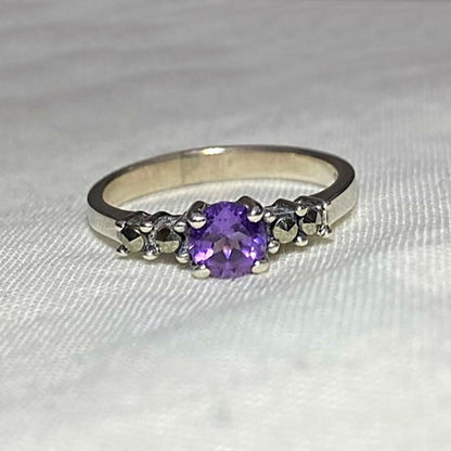 Faceted Round Amethyst & Marcasite Ring- Size 7