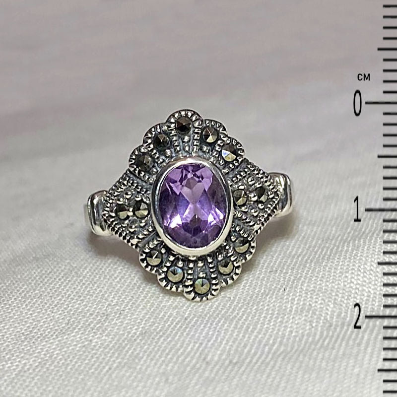 Faceted Oval Amethyst & Marcasite Ornate Sterling Silver Ring- Size 8.5