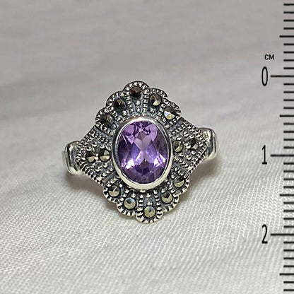 Faceted Oval Amethyst & Marcasite Ornate Sterling Silver Ring- Size 8.5