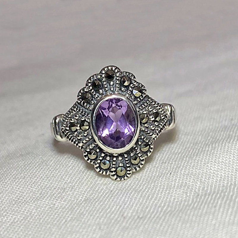 Faceted Oval Amethyst & Marcasite Ornate Sterling Silver Ring- Size 8.5