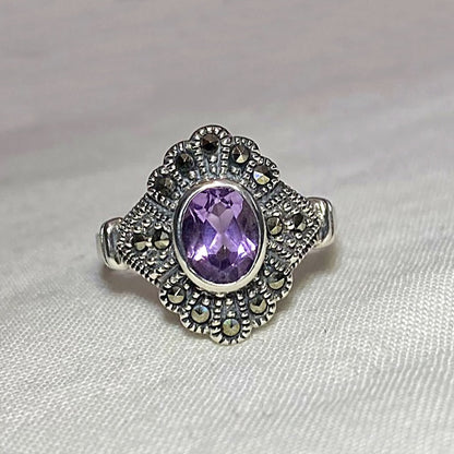 Faceted Oval Amethyst & Marcasite Ornate Sterling Silver Ring- Size 8.5