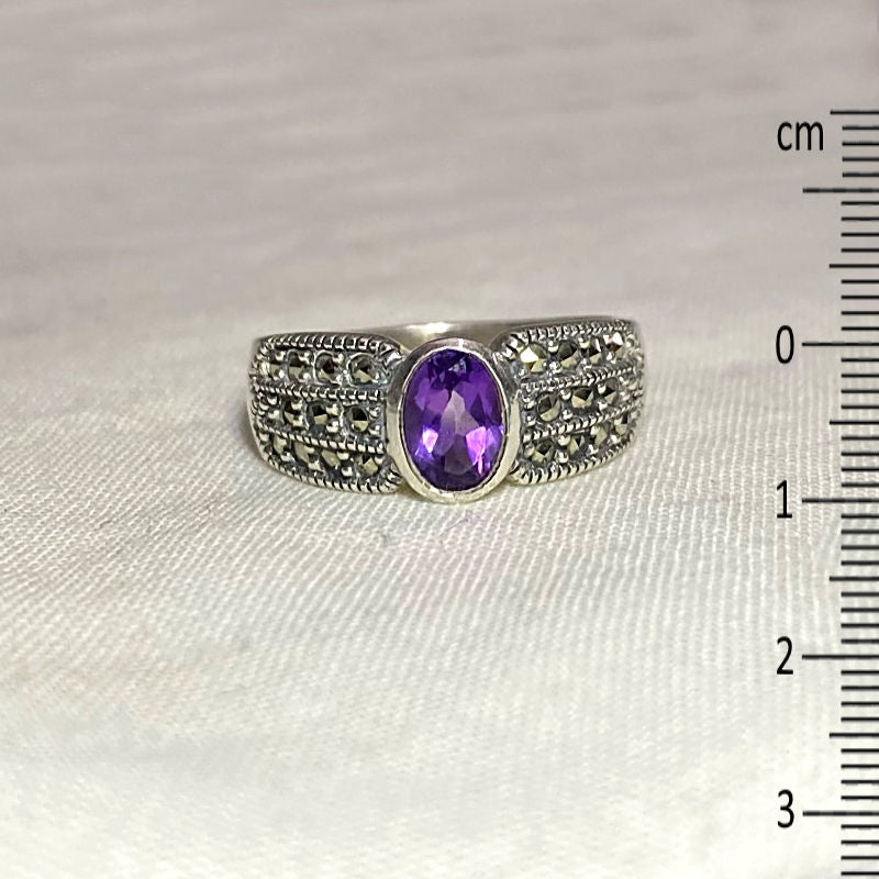 Faceted Oval Amethyst & Marcasite Ring- Size 7.5