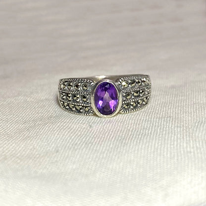 Faceted Oval Amethyst & Marcasite Ring- Size 7.5