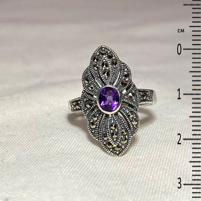 Faceted Oval Amethyst & Marcasite Ornate Sterling Silver Ring- Size 7