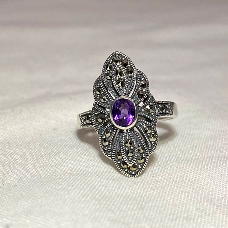 Faceted Oval Amethyst & Marcasite Ornate Sterling Silver Ring- Size 7