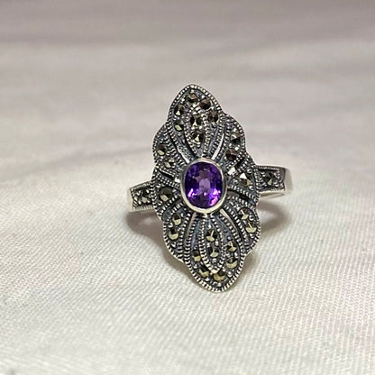 Faceted Oval Amethyst & Marcasite Ornate Sterling Silver Ring- Size 7