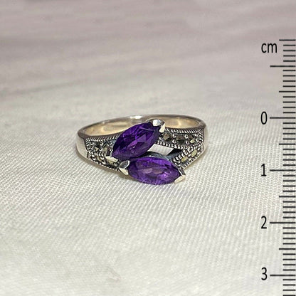 Faceted Marquese Amethyst & Marcasite Ring- Size 7