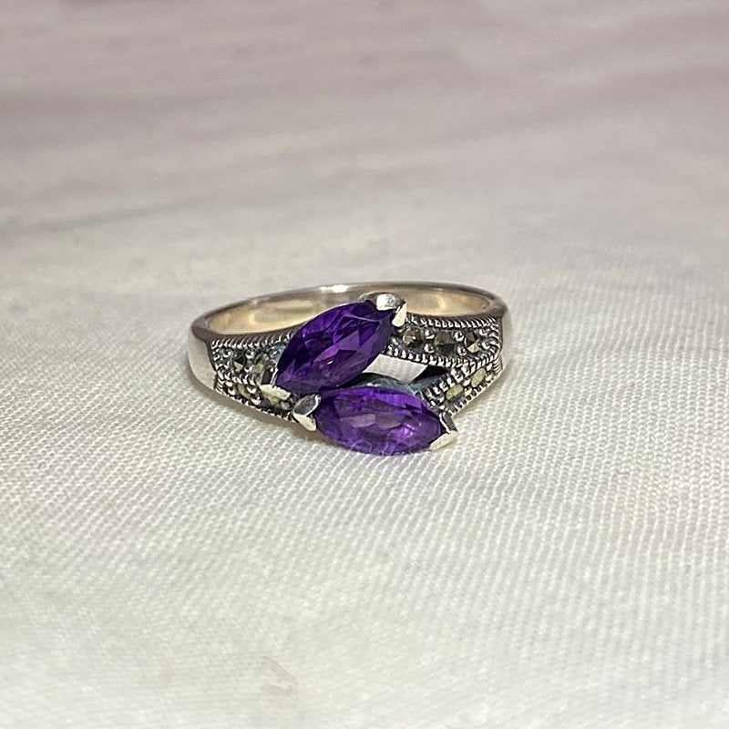 Faceted Marquese Amethyst & Marcasite Ring- Size 7