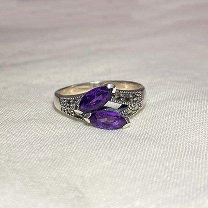 Faceted Marquese Amethyst & Marcasite Ring- Size 7