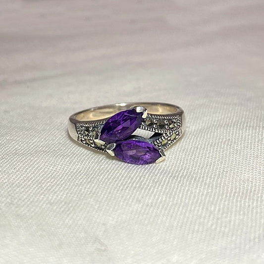 Faceted Marquese Amethyst & Marcasite Ring- Size 7