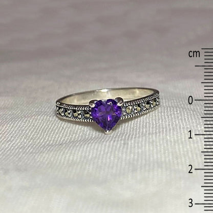 Faceted Heart Amethyst & Marcasite Ring- Size 6