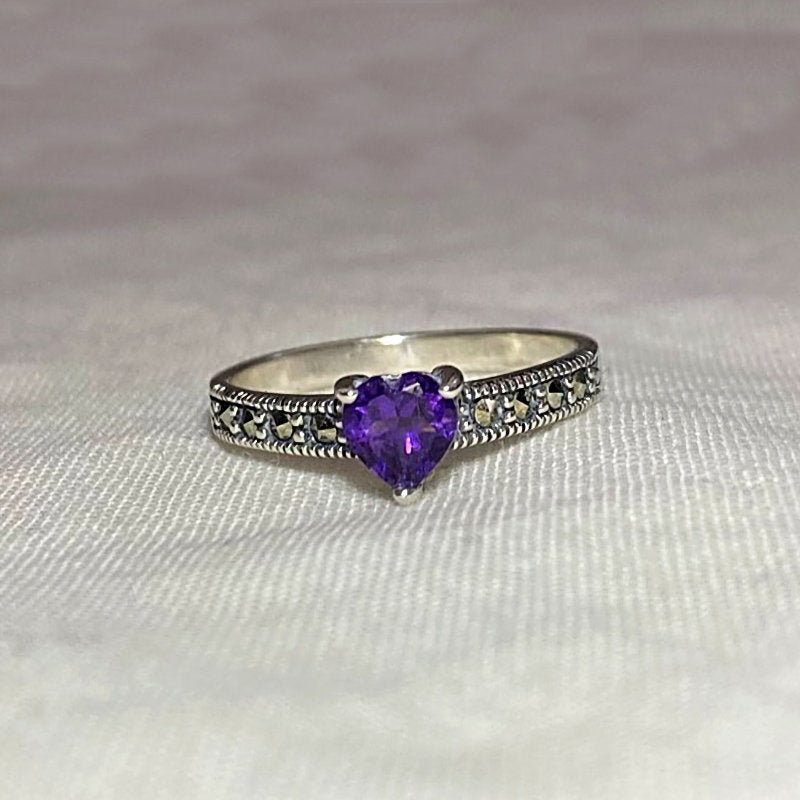 Faceted Heart Amethyst & Marcasite Ring- Size 6