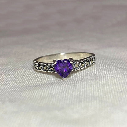 Faceted Heart Amethyst & Marcasite Ring- Size 6
