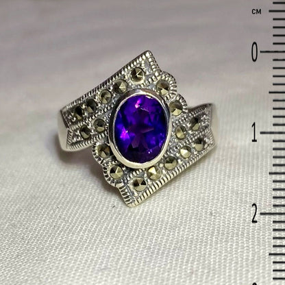 Faceted Oval Amethyst & Marcasite Ring- Size 8