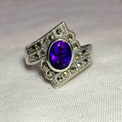 Faceted Oval Amethyst & Marcasite Ring- Size 8