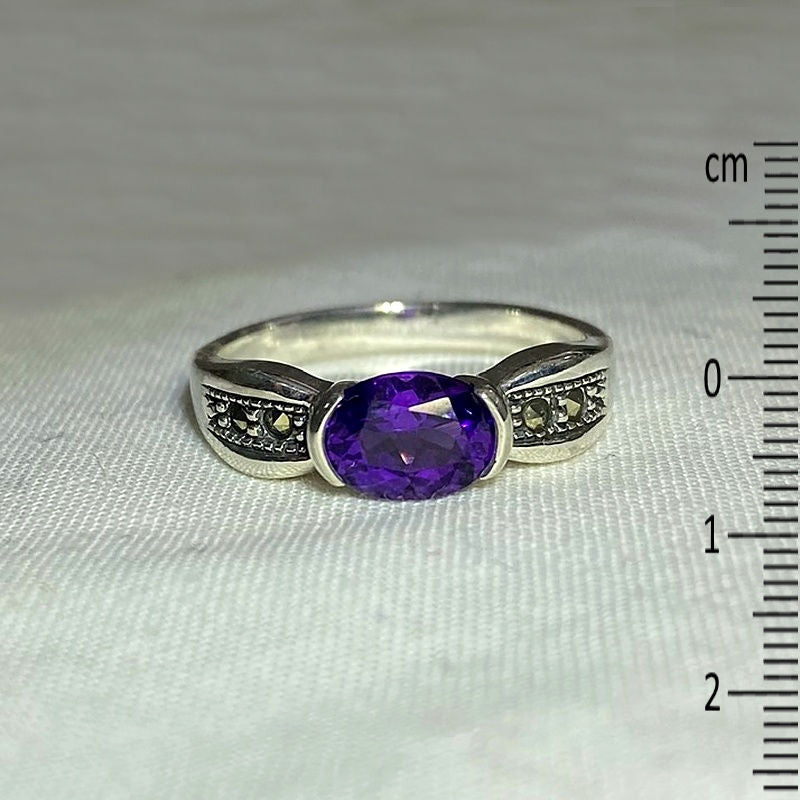 Faceted Oval Amethyst & Marcasite Ring- Size 9