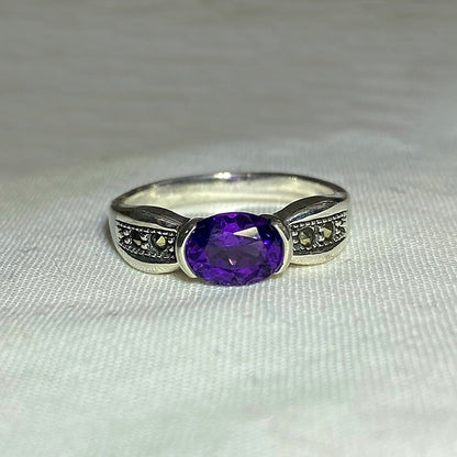 Faceted Oval Amethyst & Marcasite Ring- Size 9