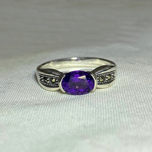 Faceted Oval Amethyst & Marcasite Ring- Size 9