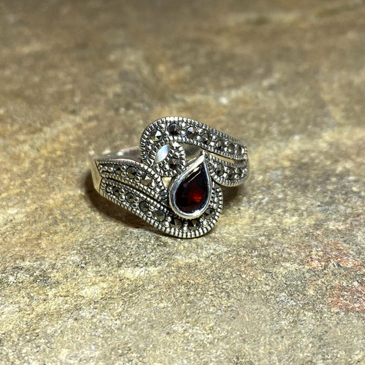 Teardrop Faceted Garnet & Marcasite Ring- Size 8
