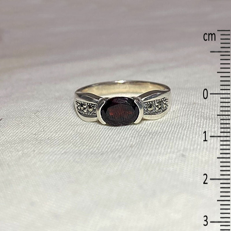 Faceted Oval Garnet & Marcasite Ring- Size 8