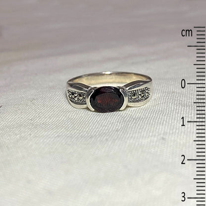 Faceted Oval Garnet & Marcasite Ring- Size 8