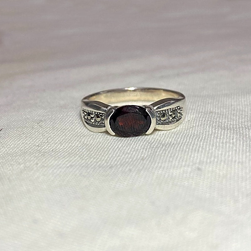 Faceted Oval Garnet & Marcasite Ring- Size 8